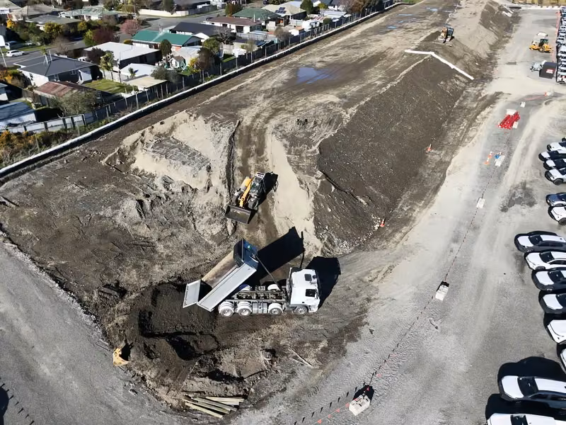Aerial view of soil capping works underway at Branston Street Bund