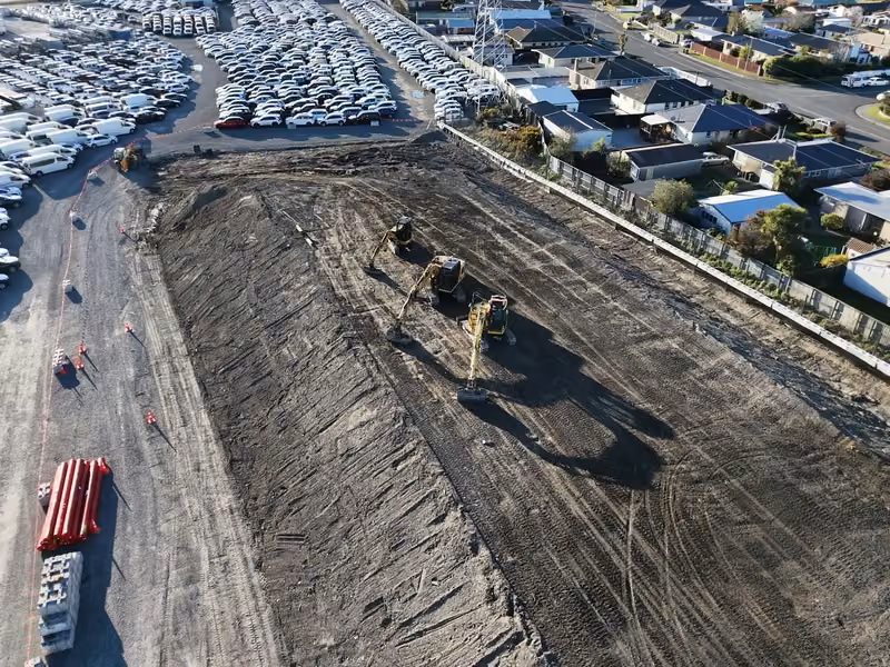 Elevated view of earthmoving progress at Branston Street Bund